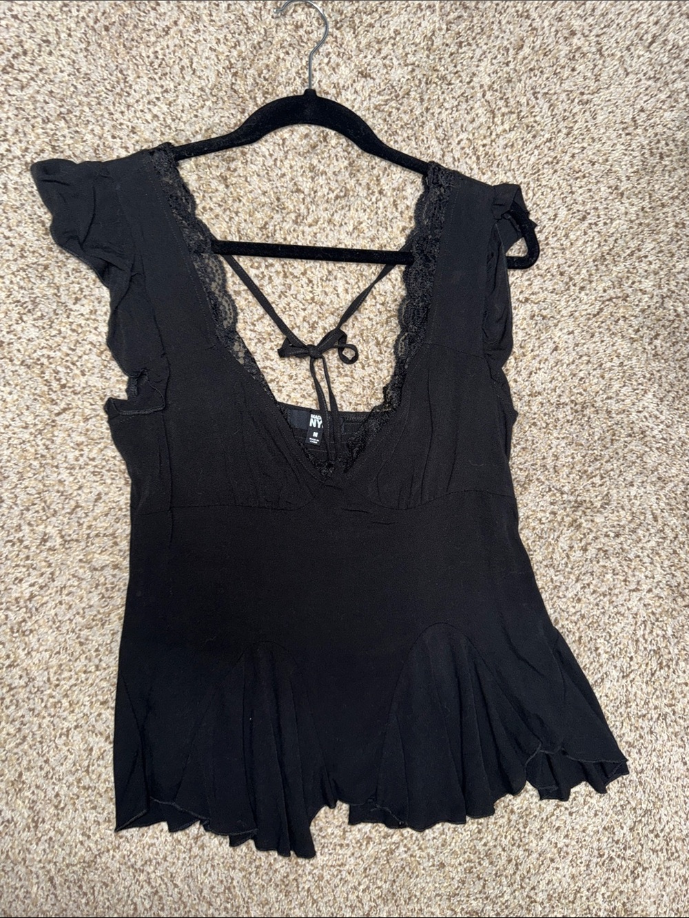 NYC Black Lace-Trim Peplum V-Neck Blouse